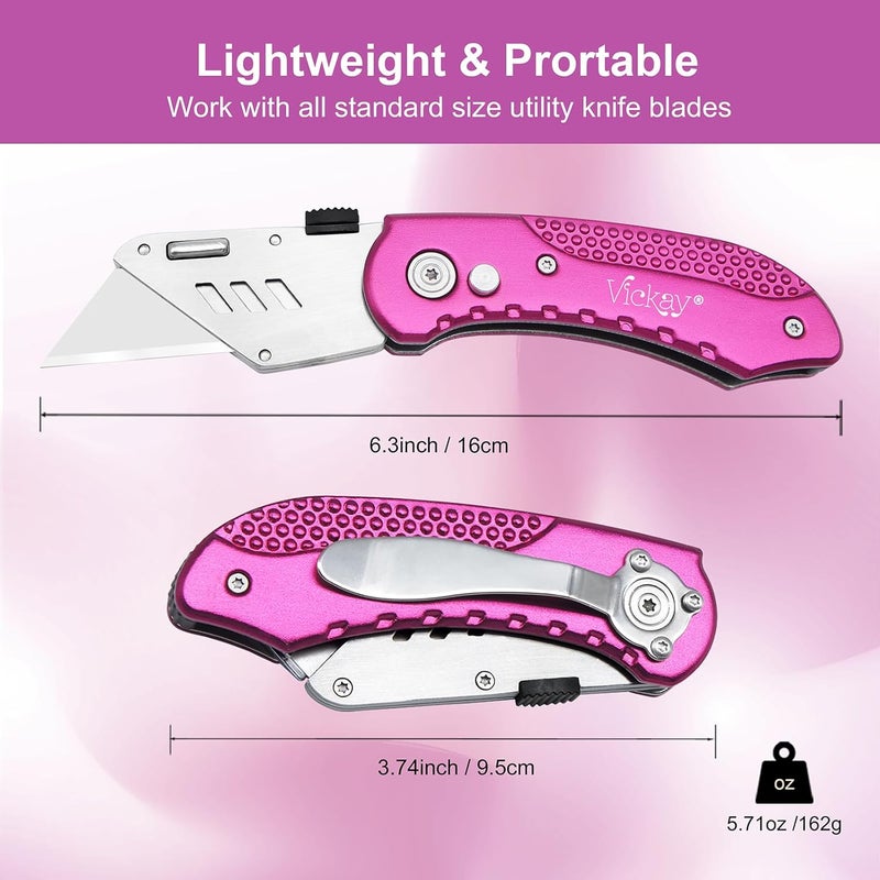 Vickay Folding Utility Knife, Box Cutter with 5 SK5 Quick Change Blades, Safety Axis Lock Design Razor Knife, Lightweight Aluminum Handle Belt Clip for Office Home Artcraft (Hot Pink) - Image 2